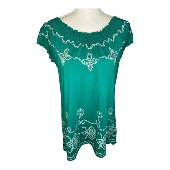 INC international concepts petite medium green blouse‎ with white embroidery - Picture 1 of 6